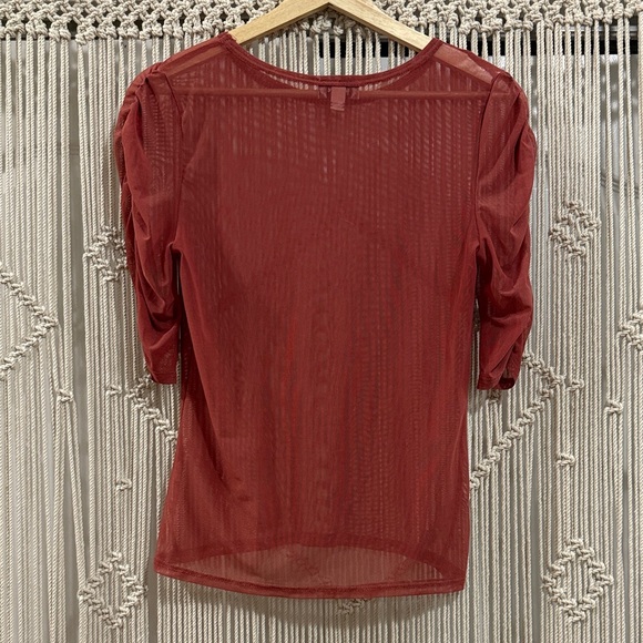 Gemstone Tops - Gemstone Sheer Coral Women's Blouse with Ruched Sleeves